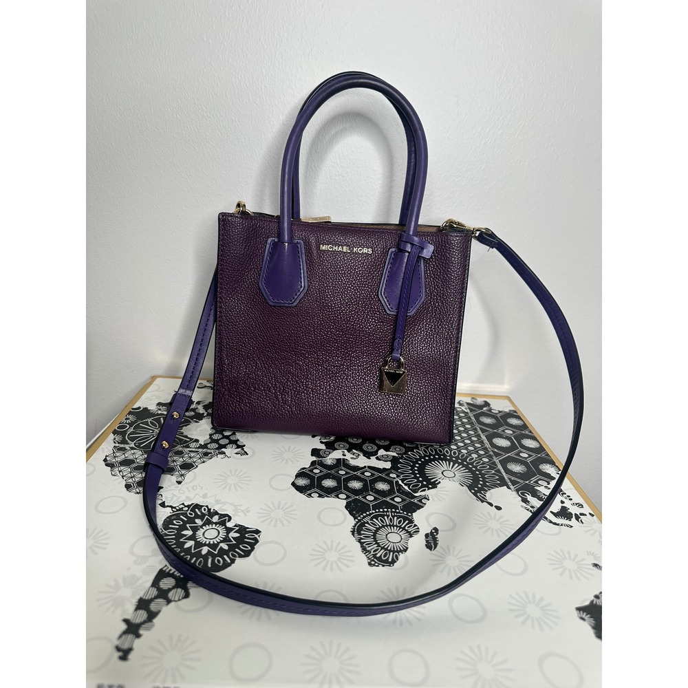Michael‎ Kors Purple Leather Satchel Bag Gold Lock Adjustable Strap Top Handle